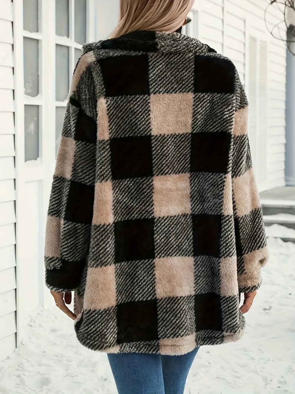 Button Down Collared Neck Plaid Teddy Coat with Pockets, image 3