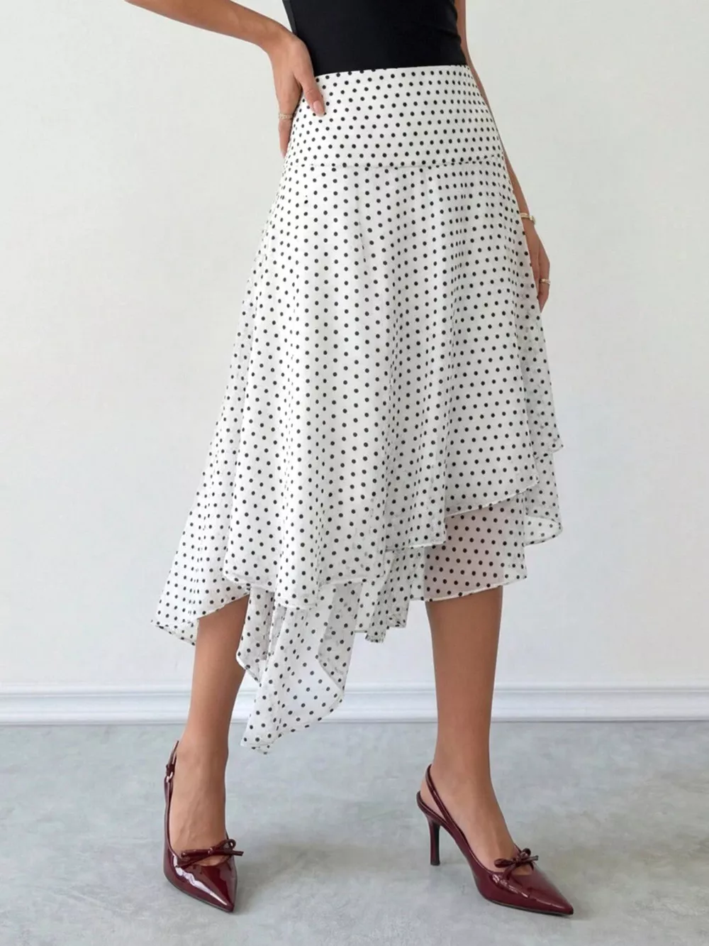 Polka Dot Asymmetrical Hem Midi Skirt, image 3
