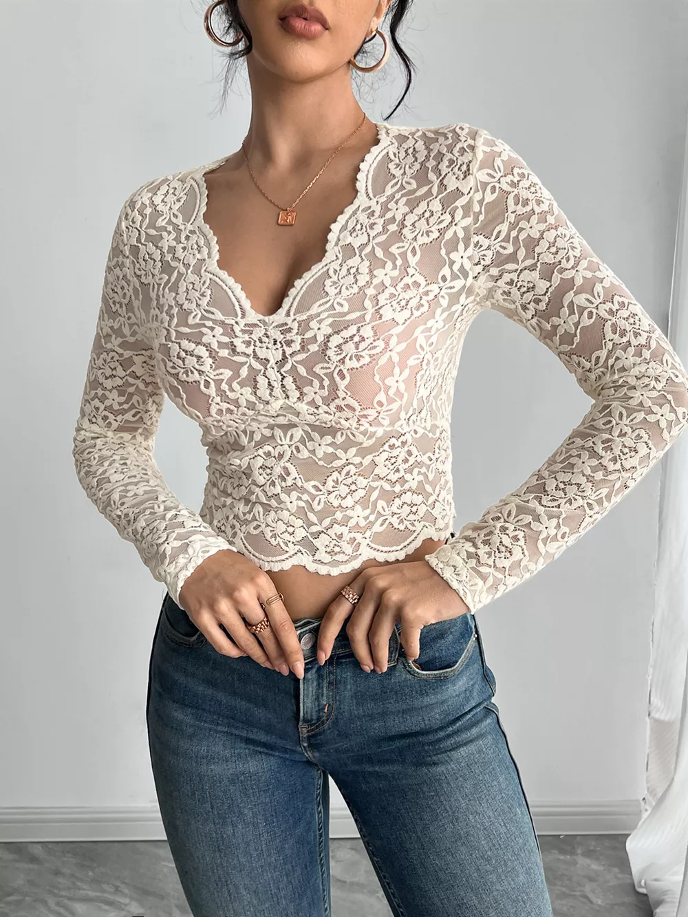 Elegant Lace V-Neck Long Sleeve Top, image 2