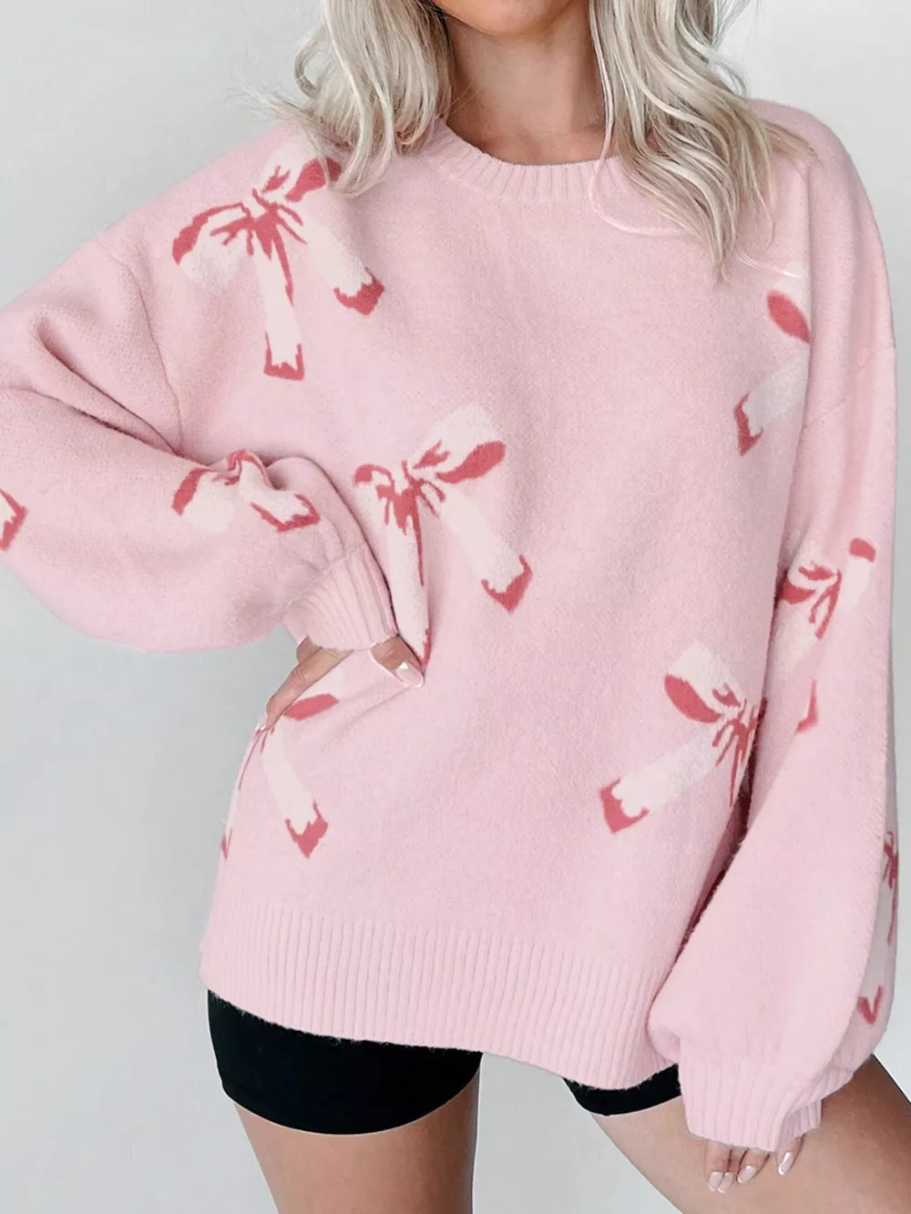 Bow Round Neck Dropped Shoulder Sweater, image 9