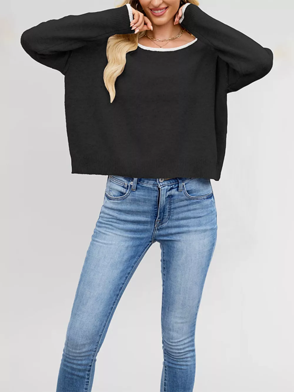 Contrast Trim Dropped Shoulder Sweater, image 4