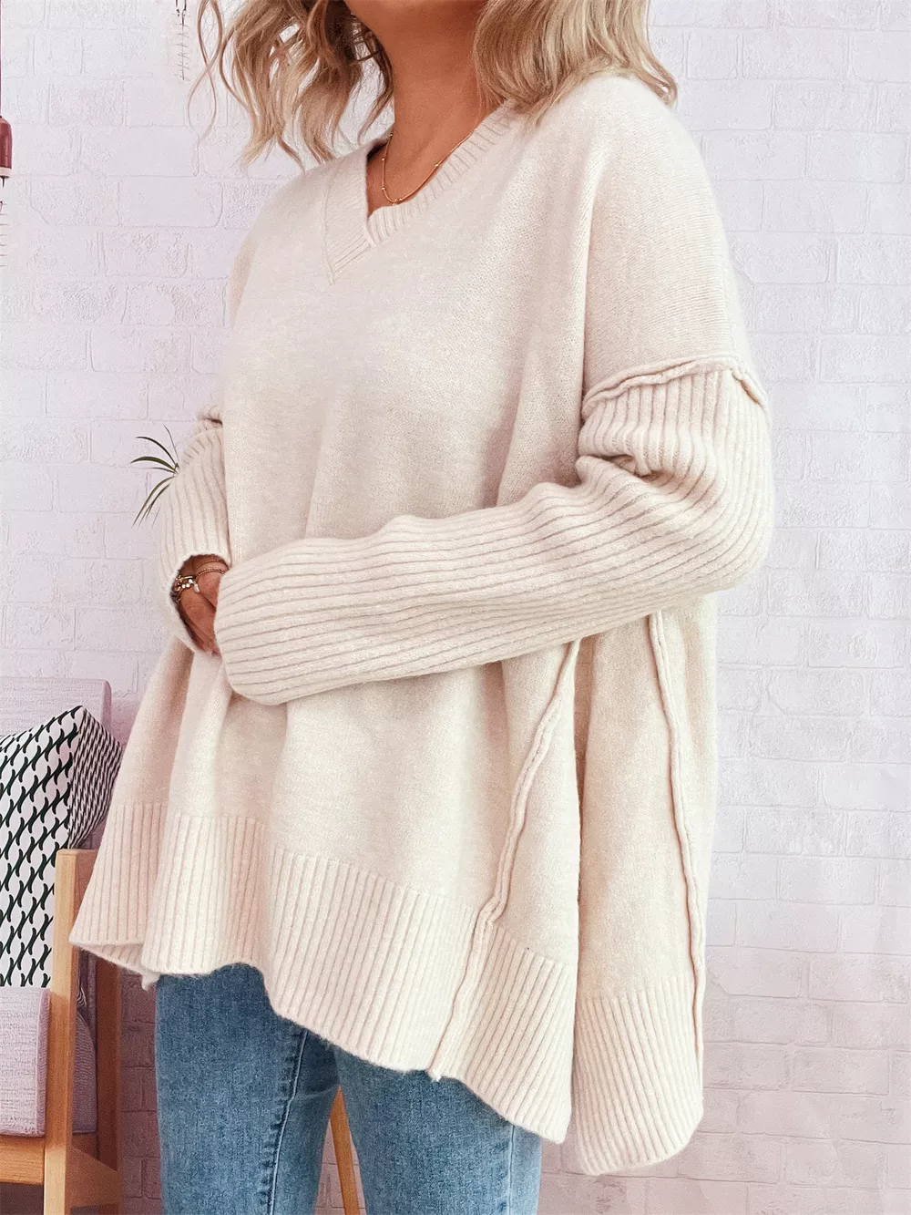 V-Neck Dropped Shoulder Sweater, image 4