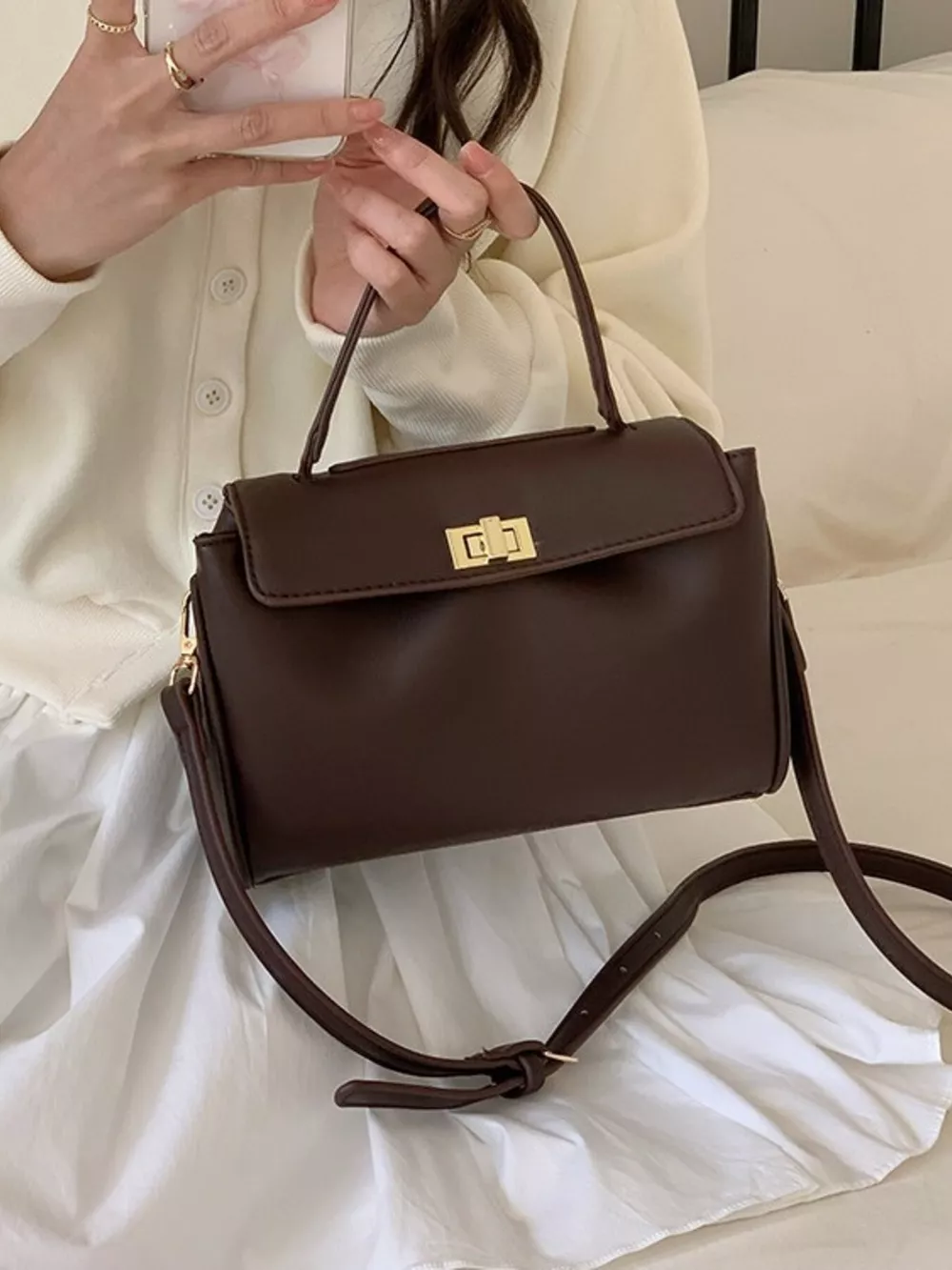 Golden Clasp Leather Crossbody Bag, image 18