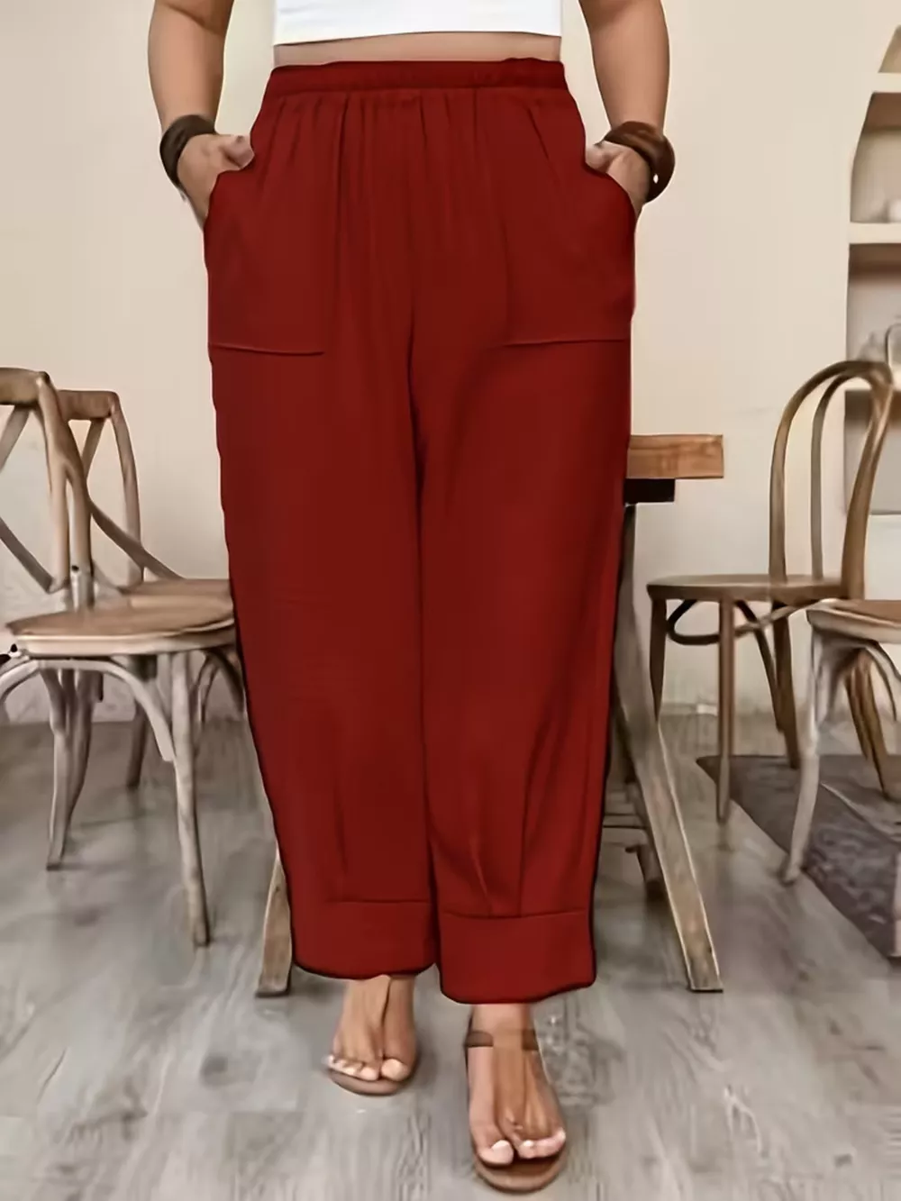Plus Size High-Waisted Elastic Waist Pants with Pockets, image 15