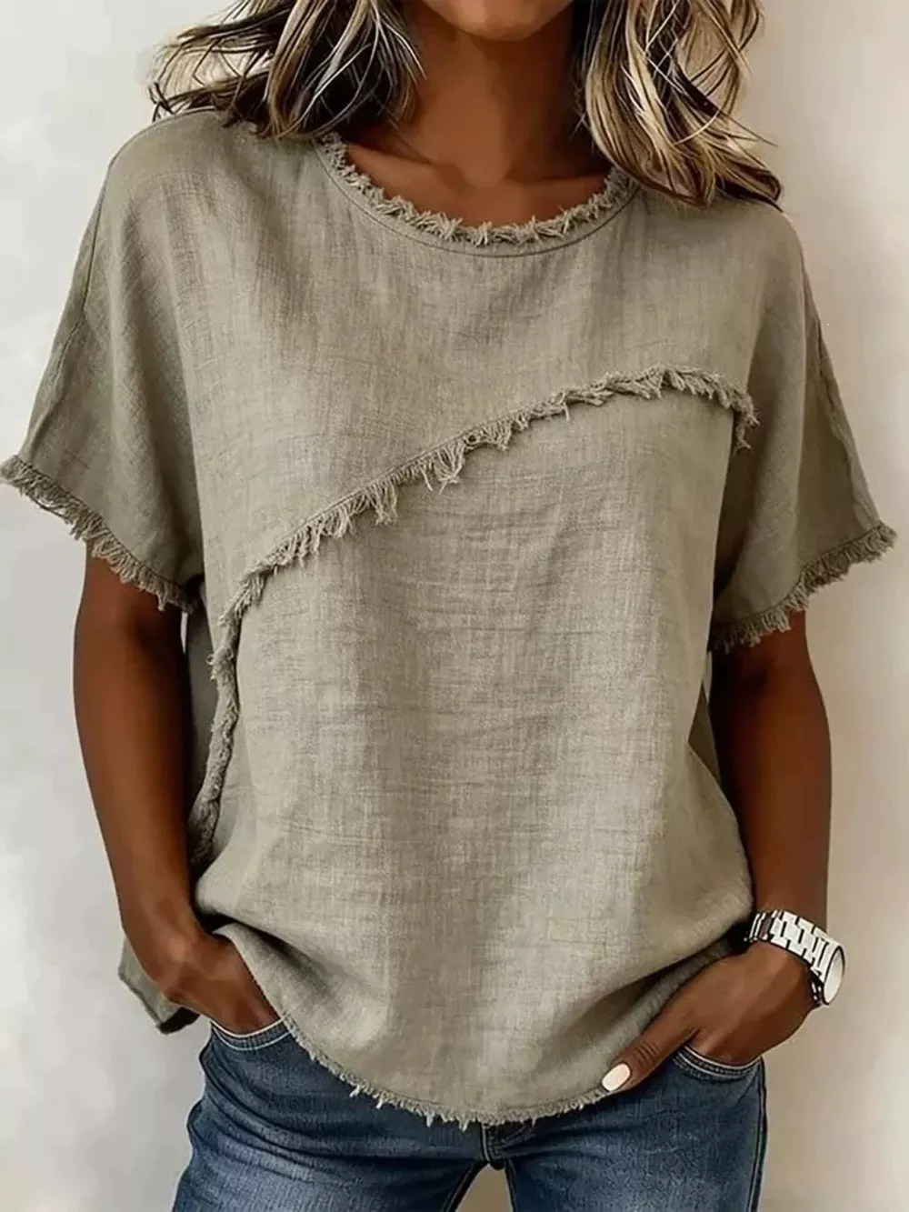 Full Size Frayed Hem Short Sleeve Top Plus Size, image 2