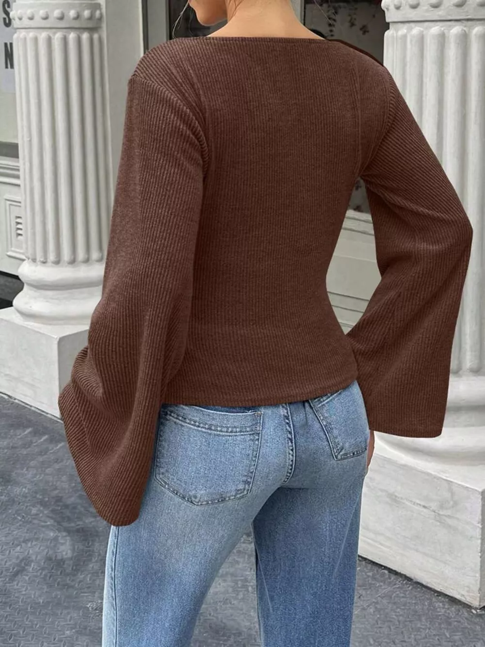 Ribbed Flare Sleeve Top with Ruched Detail, image 15