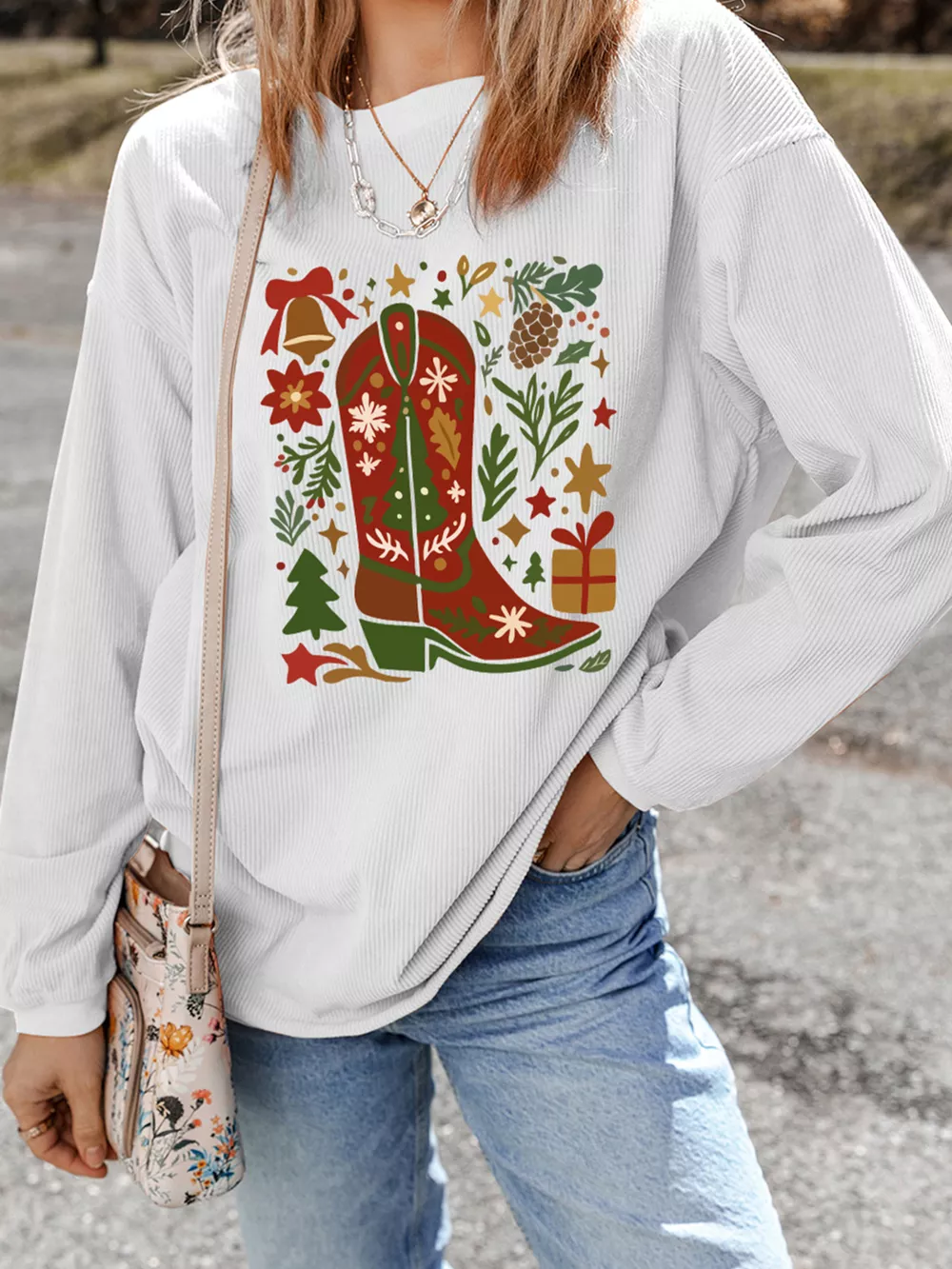 Christmas Leafy Boot Printed Corded Rib Drop Shoulder Sweatshirt, image 3