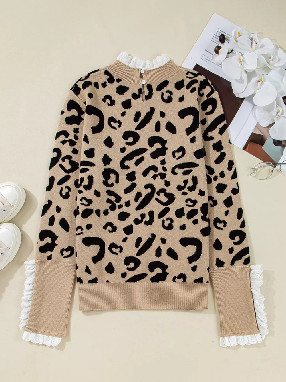 Leopard Pattern Lace Ribbed Detail Button Cuffed Sweater, image 7