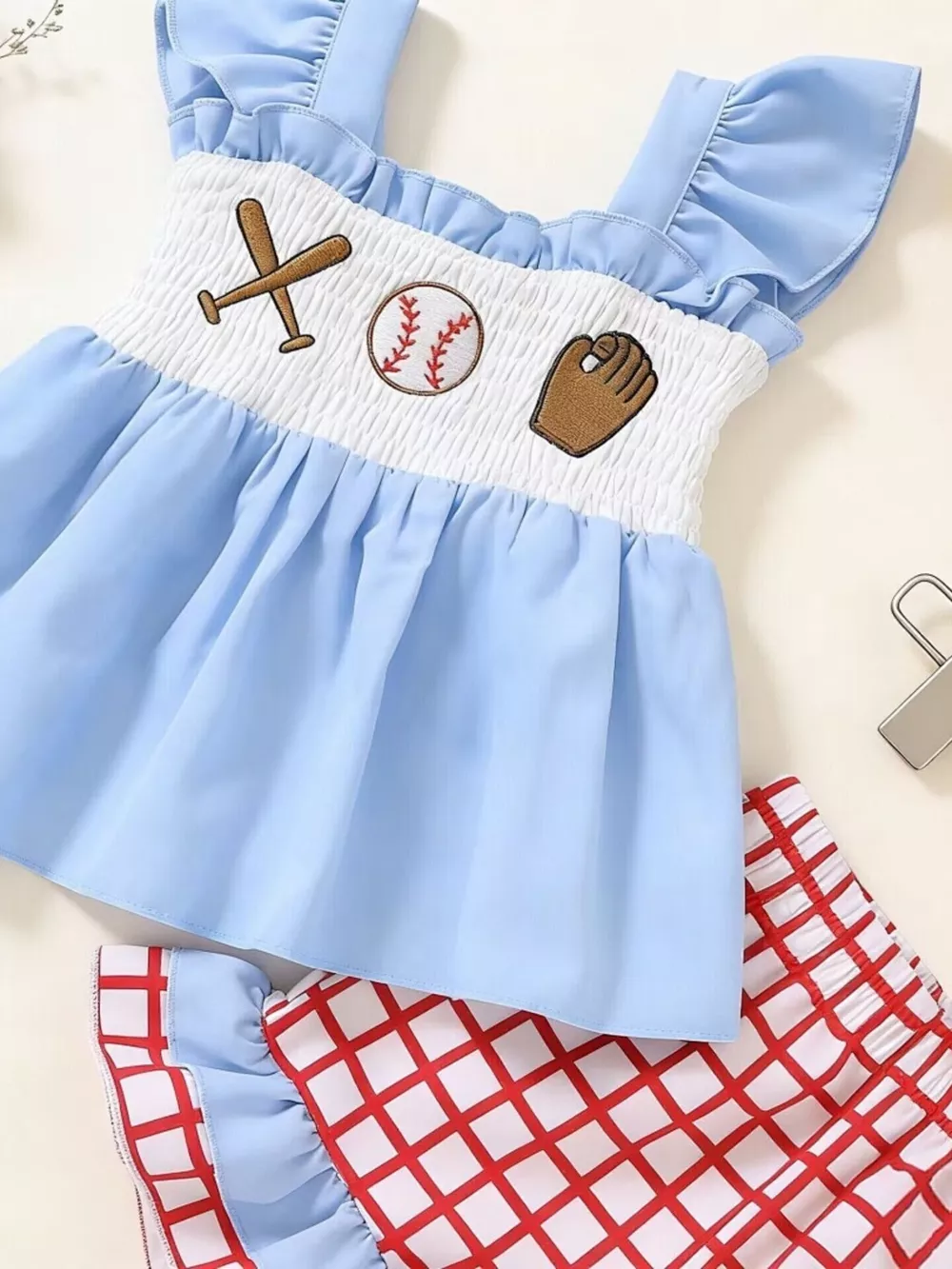 Children's Baseball Embroidered Ruffle Trim Top and Shorts Set, image 3