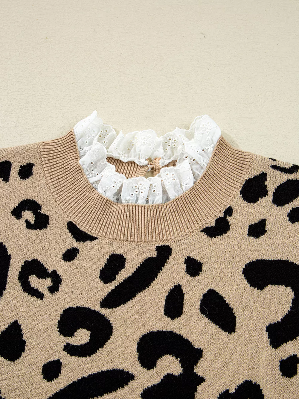 Leopard Pattern Lace Ribbed Detail Button Cuffed Sweater, image 8