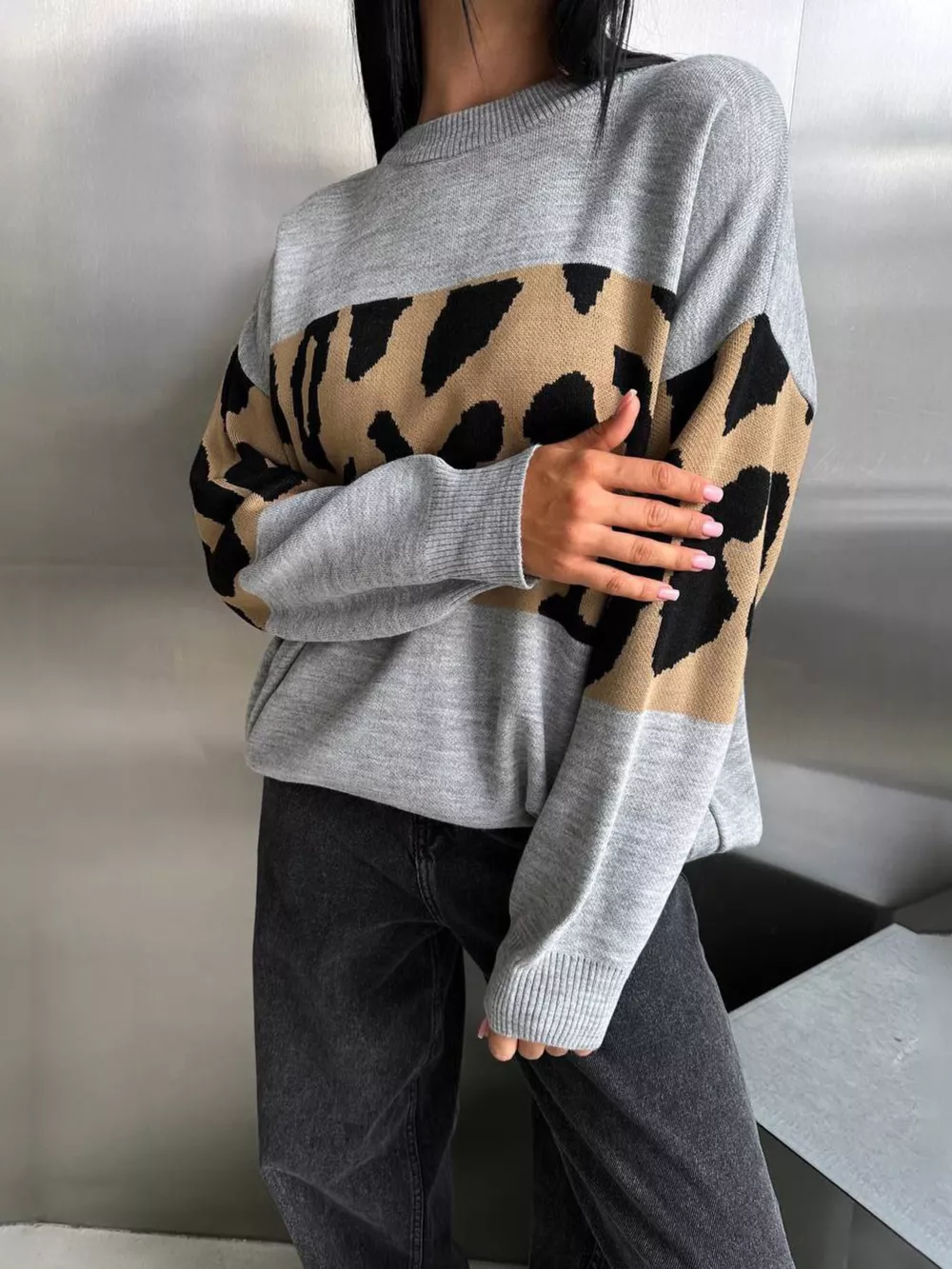 Leopard Color Block Round Neck Sweater, image 15