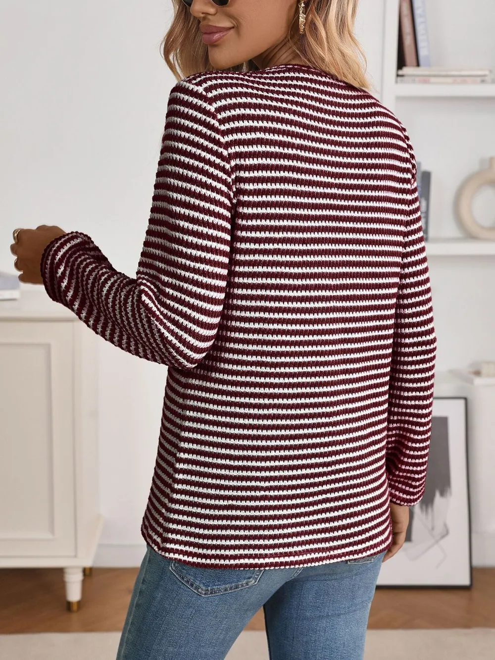 Striped Button Detail Long Sleeve Top, image 3