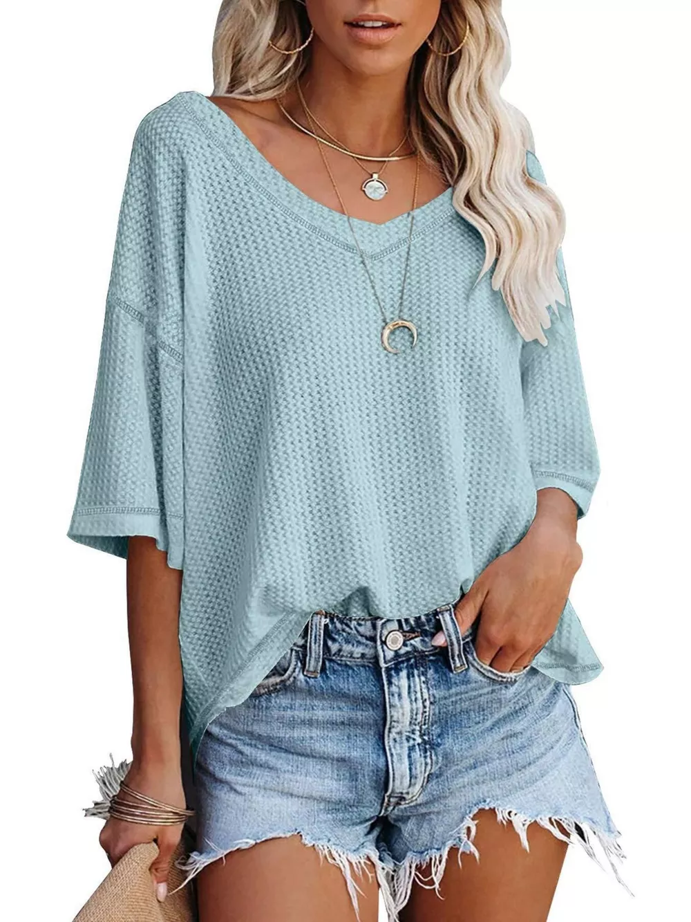 Waffle Knit V-Neck Short Sleeve T-Shirt, image 18