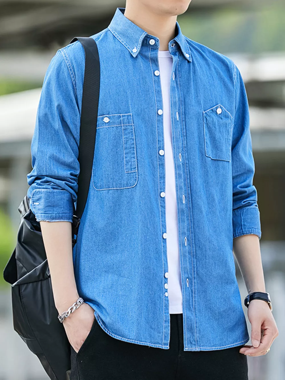 Men's Full Size Casual Long Sleeve Denim Shirt with Pockets Plus Size, image 3