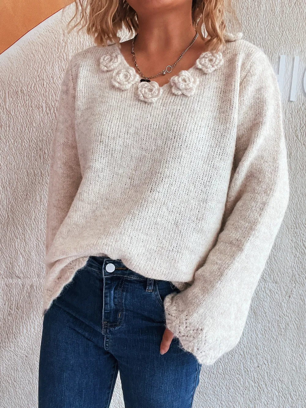 Flower V-Neck Long Sleeve Sweater, image 2