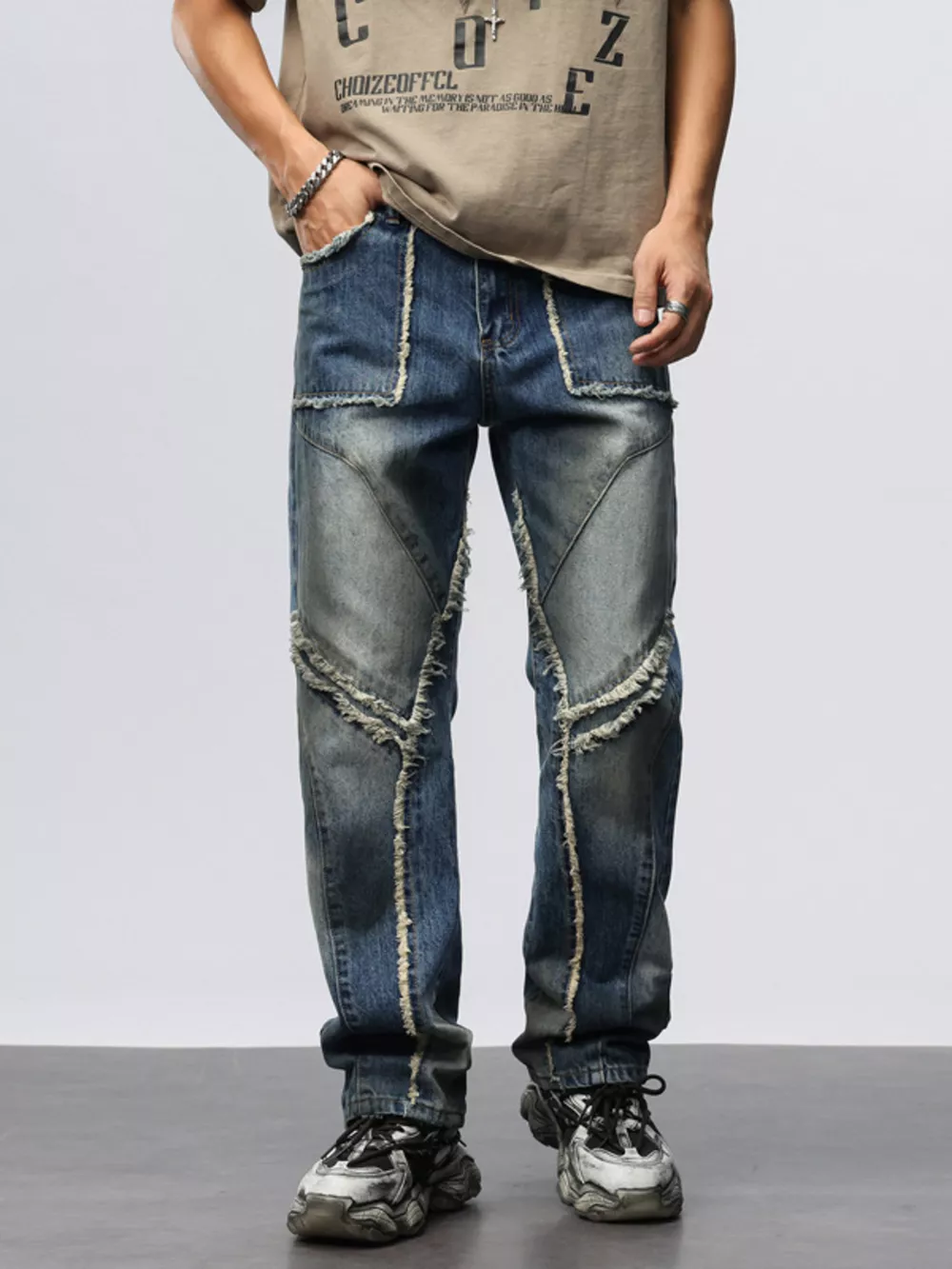 Men's Frayed Hem Wide Leg Jeans