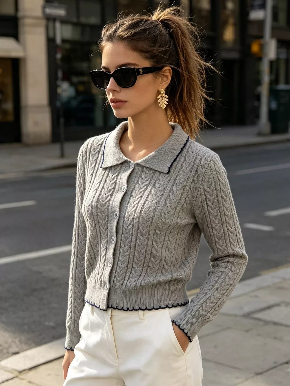Cable Knit Polo Collar Button-Up Cardigan, image 2