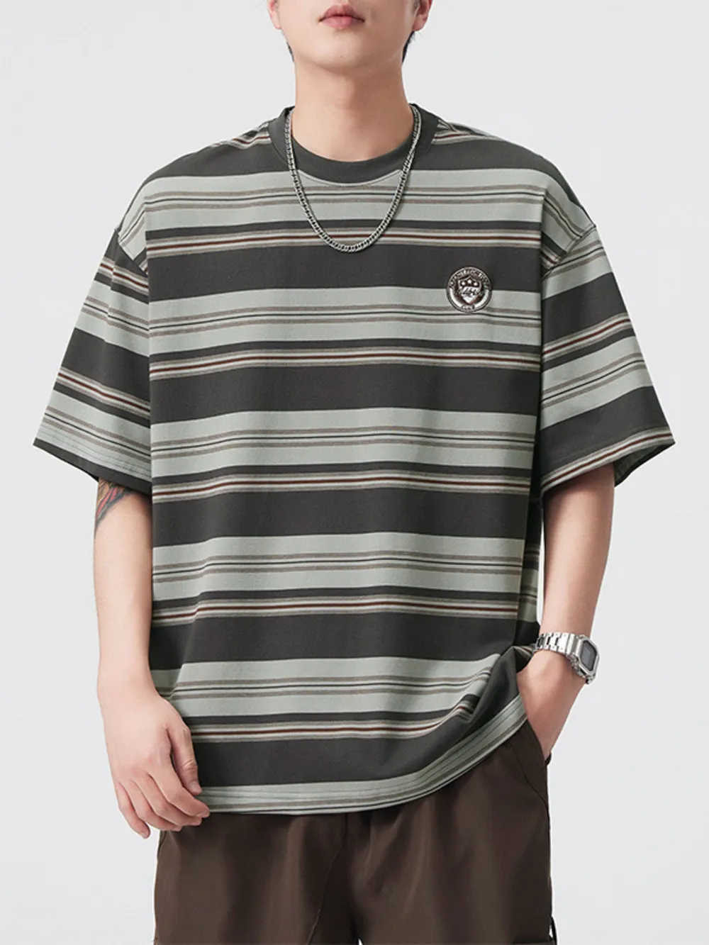 Men's Plus Size Striped Crew Neck Casual T-Shirt, image 3