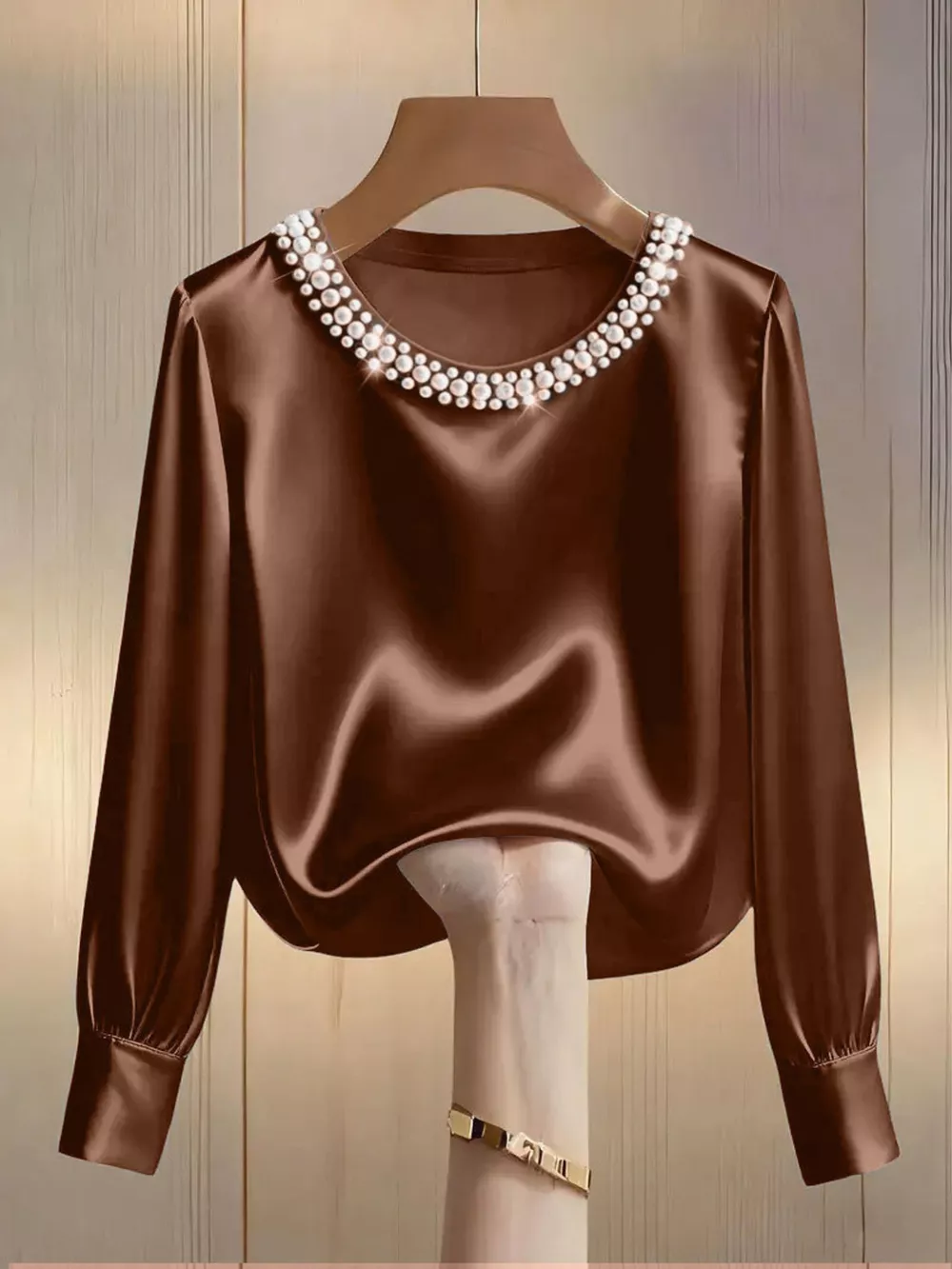 Pearl Trim Round Neck Silk Blouse, image 15