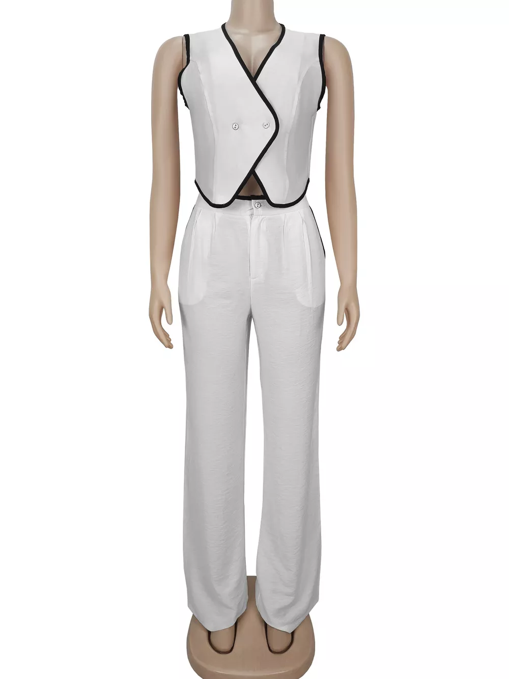 Contrast Trim Vest and Wide-Leg Pants Two-Piece Set, image 7