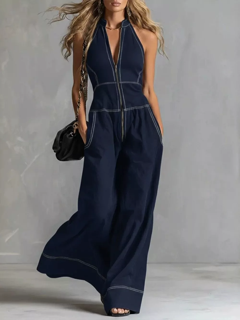 Zip Front Sleeveless Wide Leg Jumpsuit, image 4