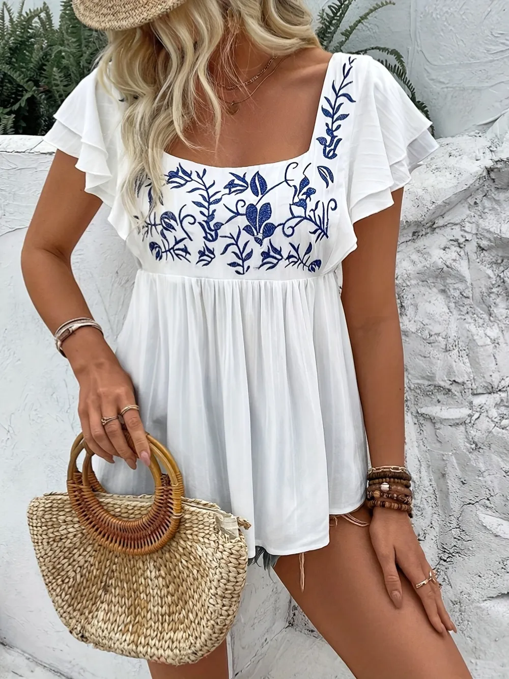 Embroidered Flutter Sleeve Blouse, image 5