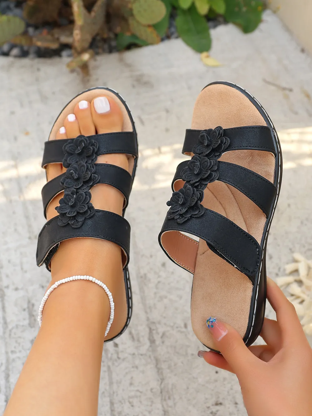 Flower Multi-Strap Flat Sandals, image 9