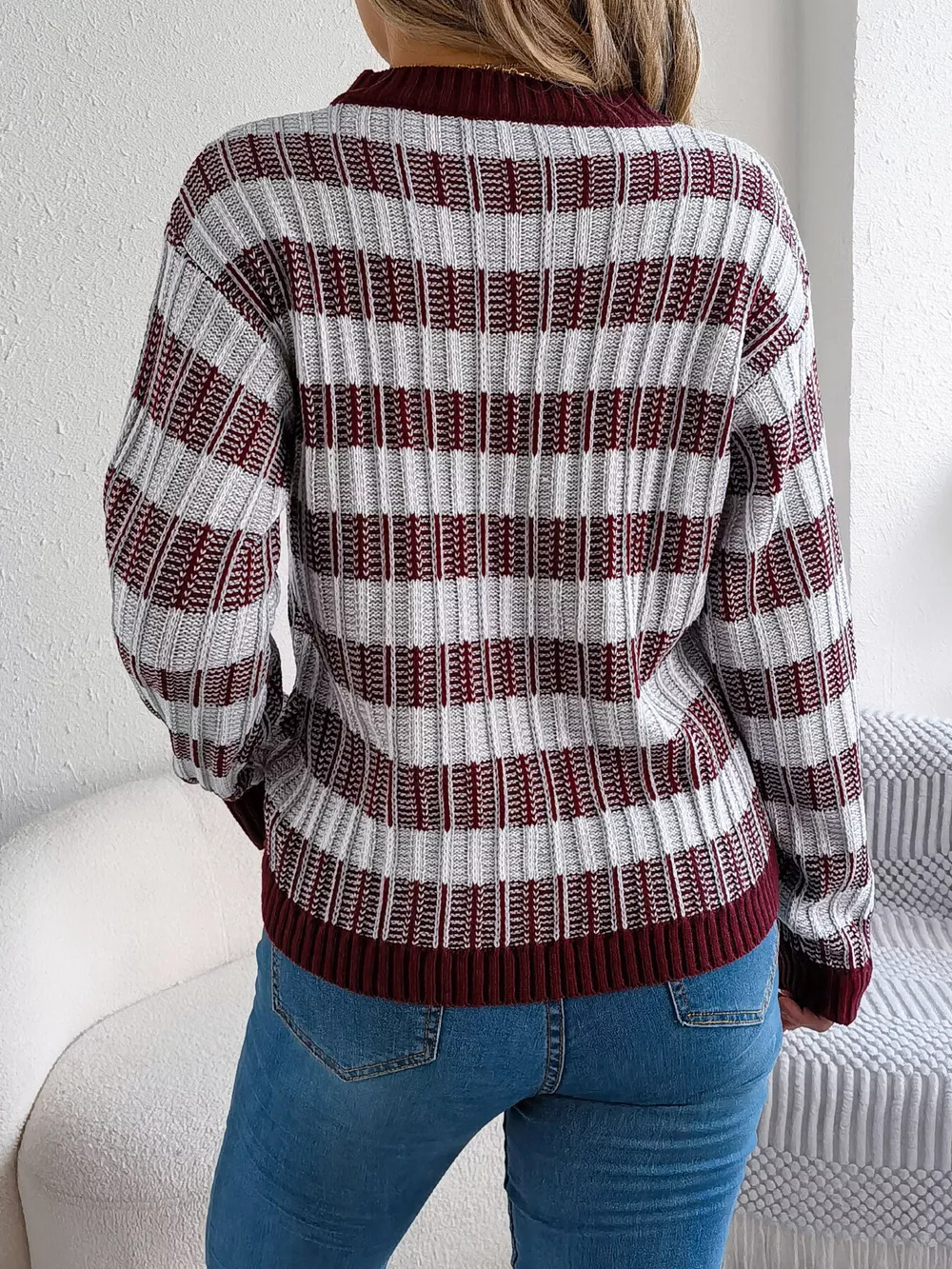 Striped Round Neck Long Sleeve Sweater, image 14