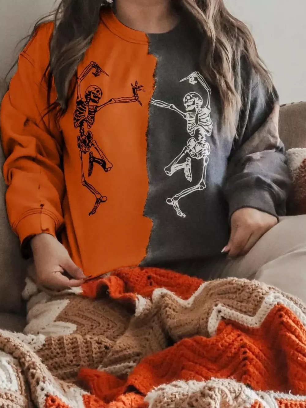 Halloween Skeleton Print Color Block Sweatshirt, image 2