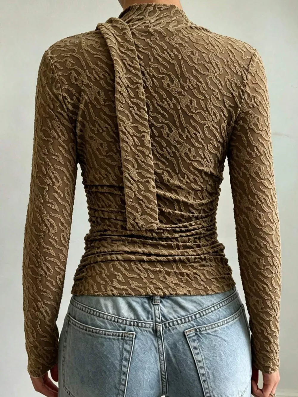 Textured Cowl Neck Long Sleeve Blouse with Scarf Detail, image 2