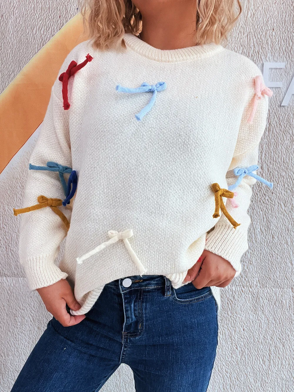 Colorful Bow Round Neck Sweater, image 26