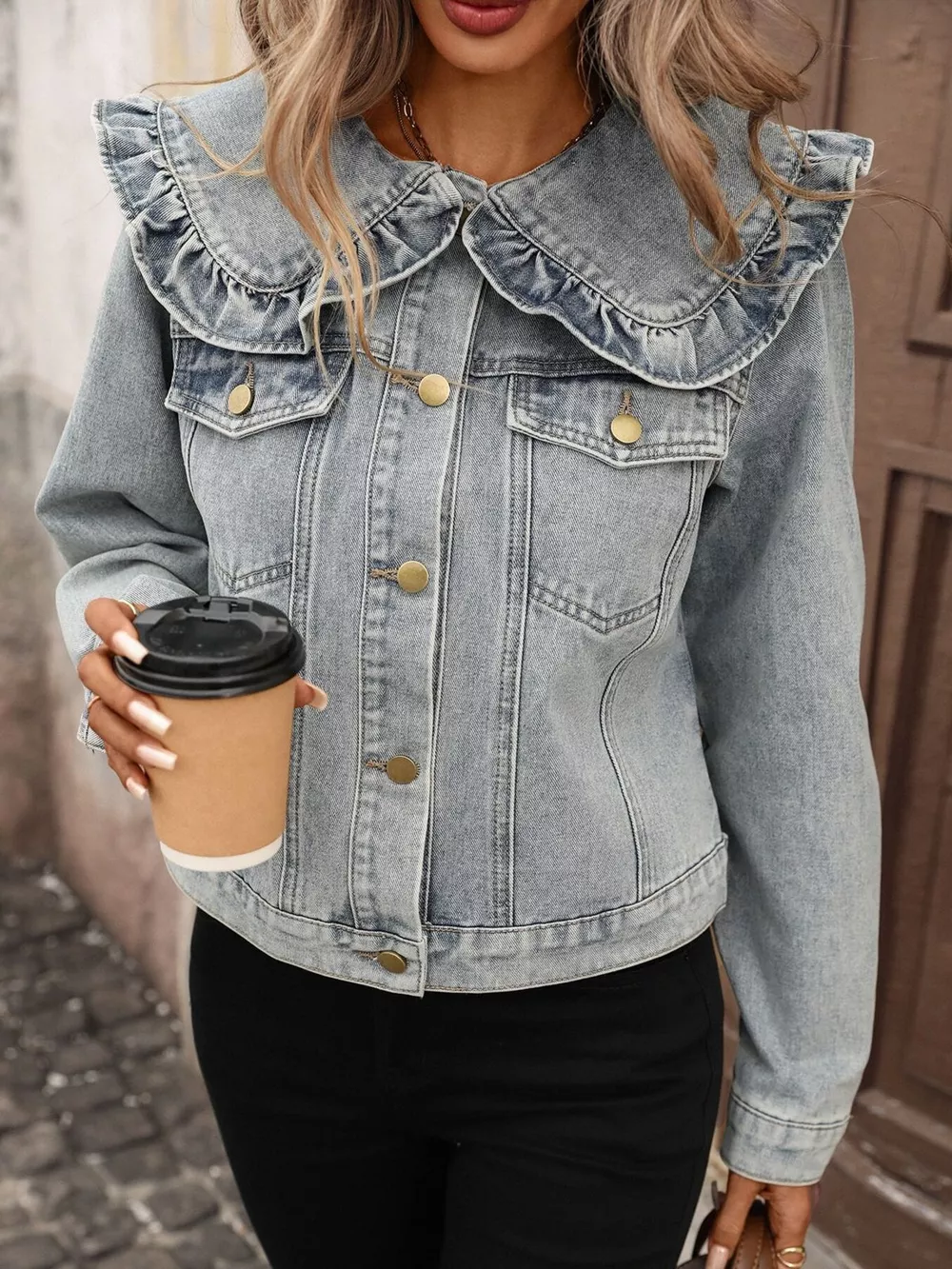 Floral Ruffle Collar Denim Jacket, image 7