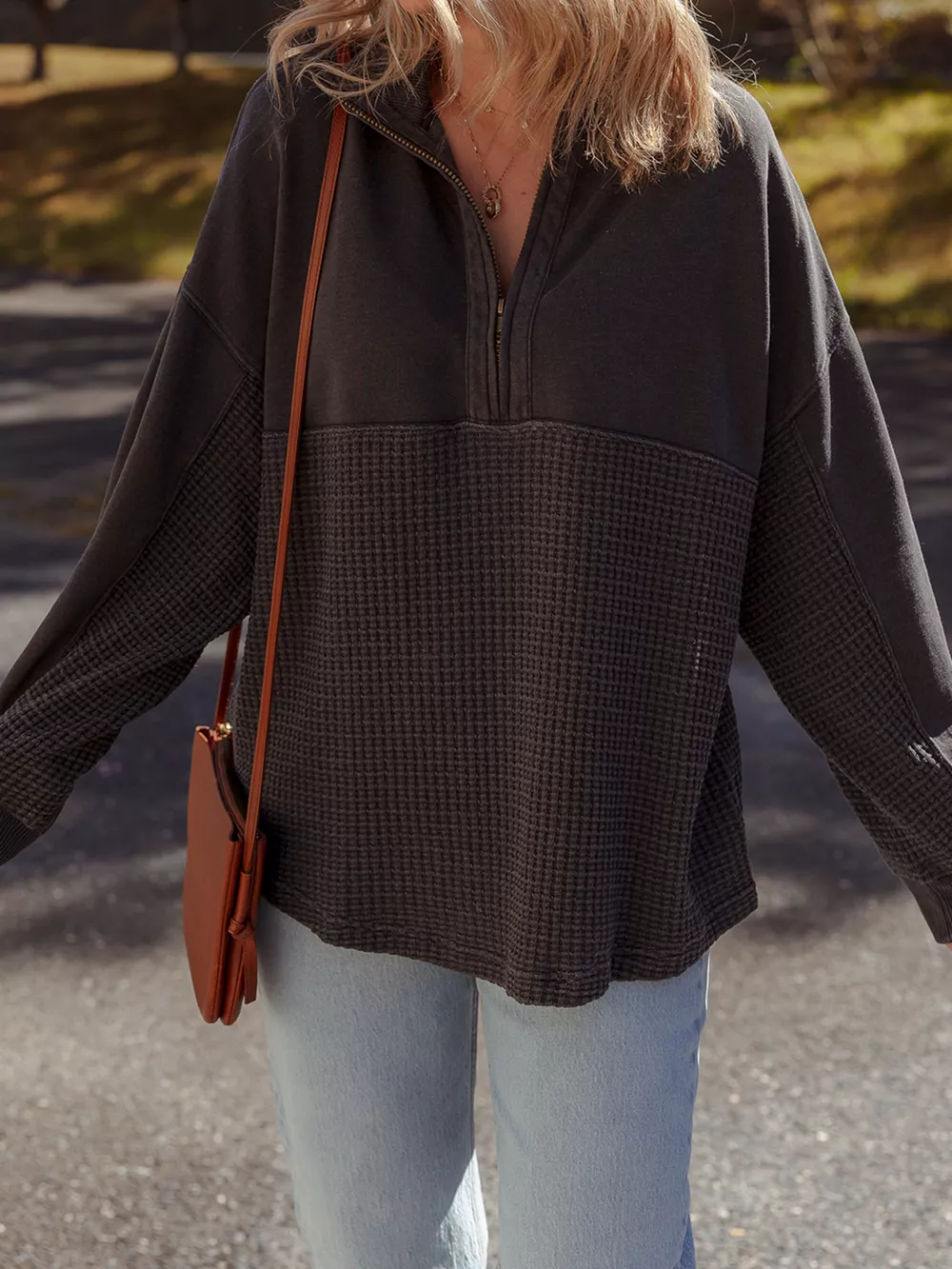 Waffle Knit Patchwork Half Zipped Casual Sweatshirt, image 8