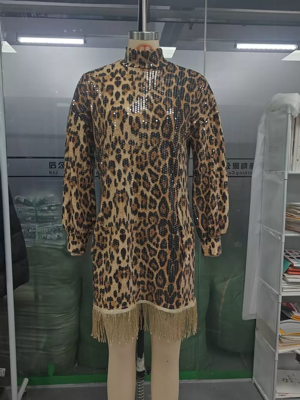 Full Size Leopard Sequin Mock Neck Fringe Hem Mini Dress Plus Size, image 4