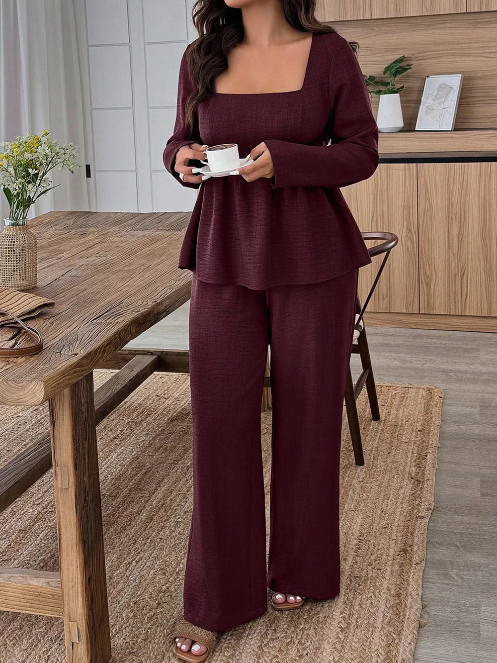 Plus Size Square Neck Long Sleeve Top and Pants Two-Piece Set, image 11