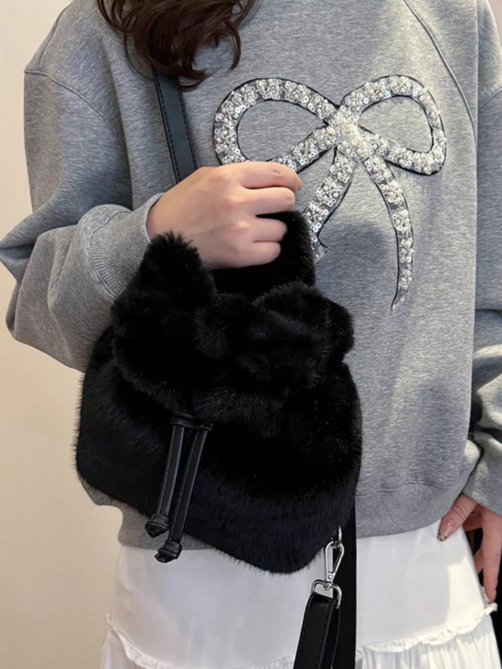 Fuzzy Plush Drawstring Backpack Bag, image 4