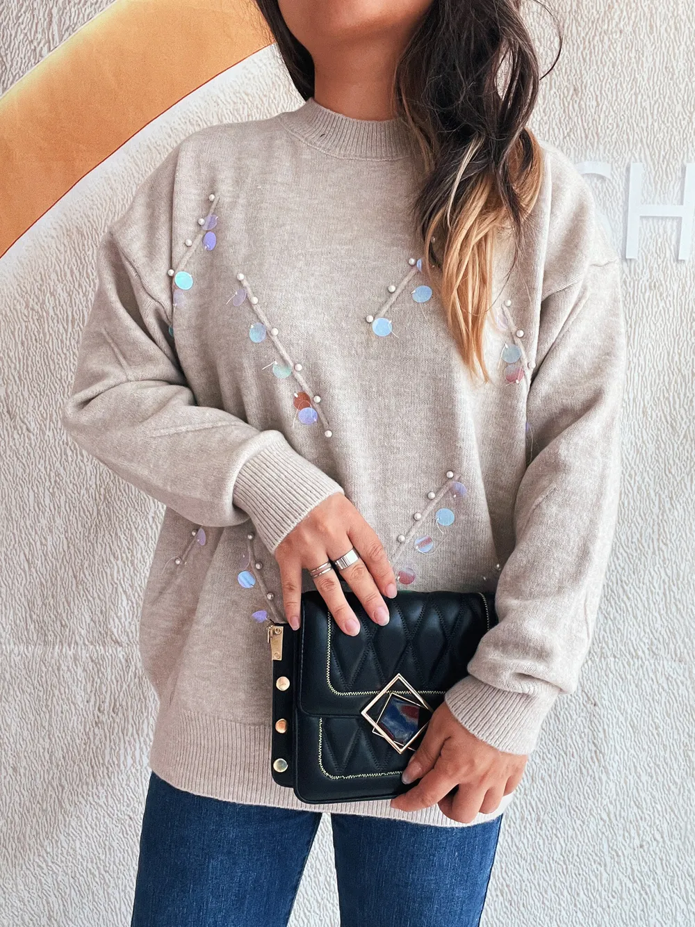 Sequined Embellished Round Neck Sweater, image 3