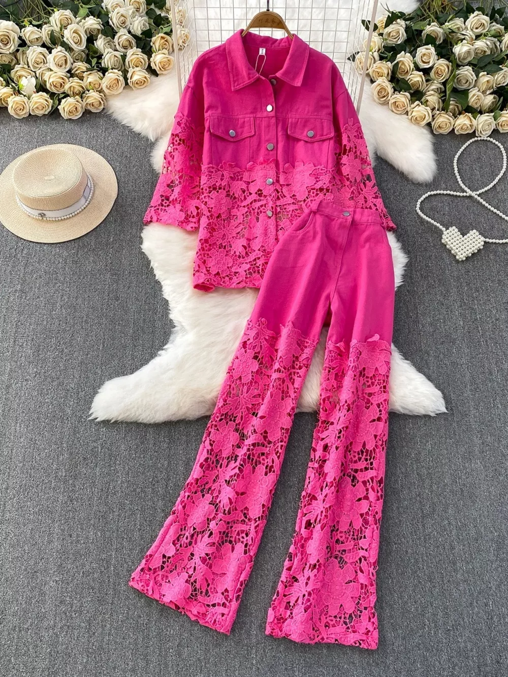Lace Patchwork Shacket and Pants Set, image 13