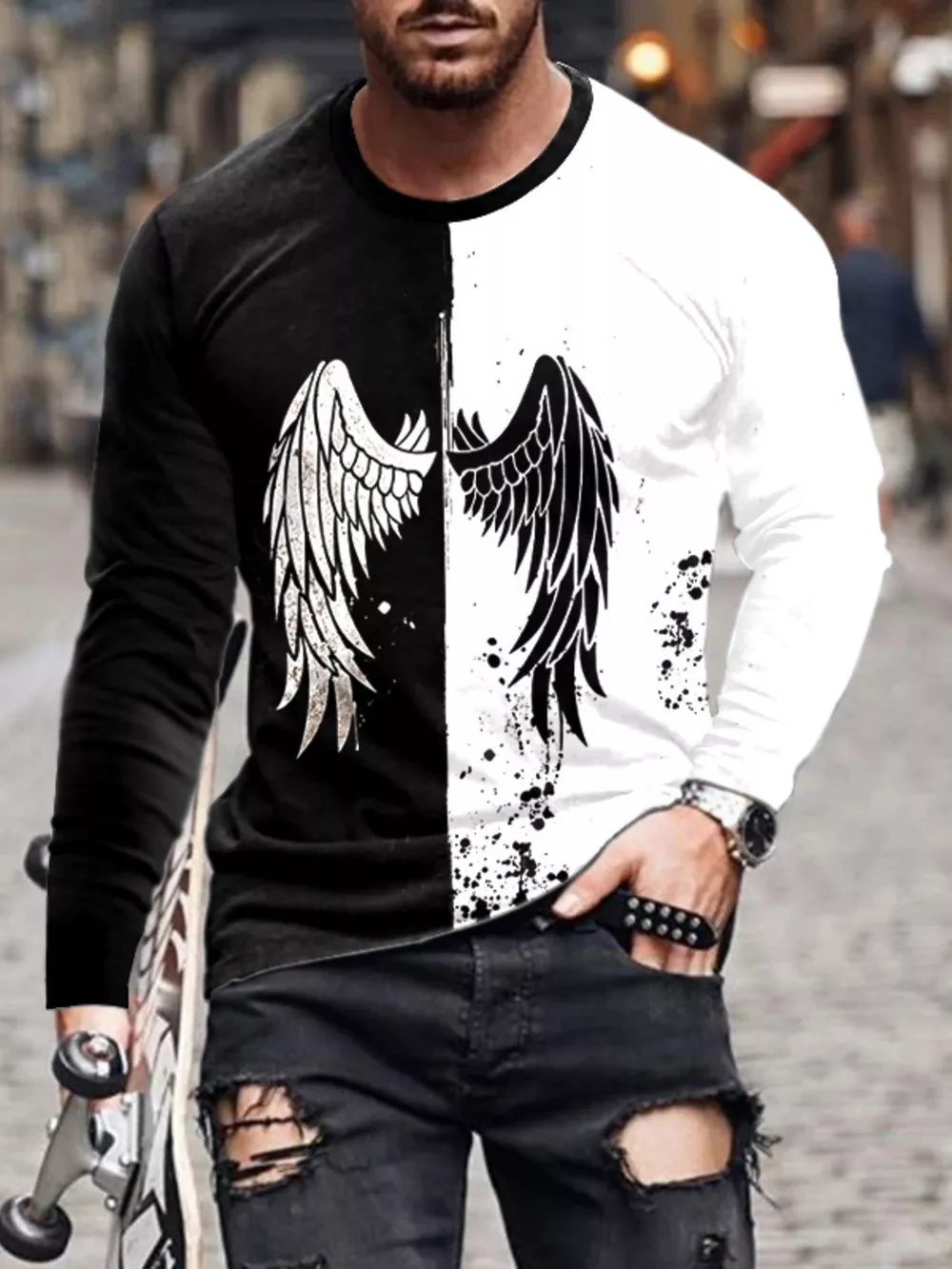Men's Full Size Split-Color Wing Graphic Long-Sleeve T-Shirt Plus Size, image 5