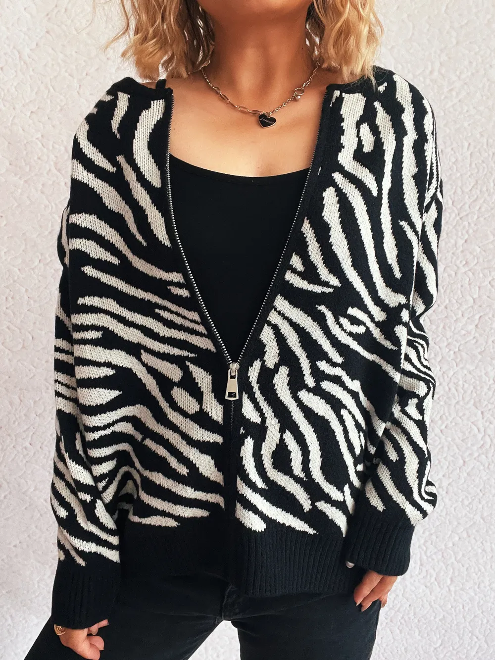 Zebra Print Zip Up Cardigan, image 6