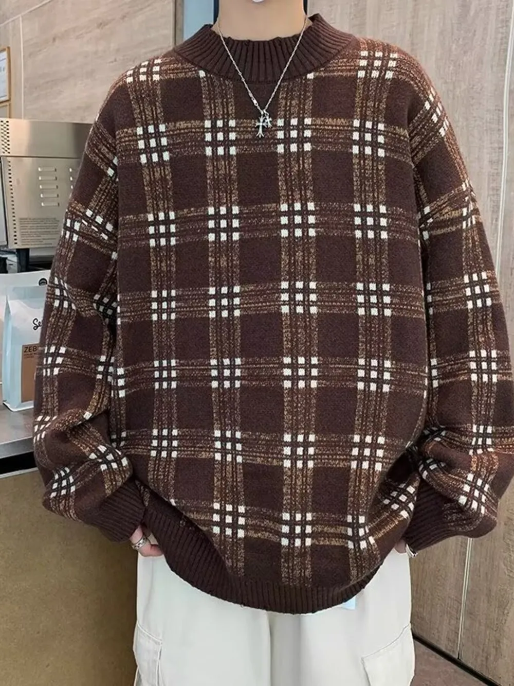 Men's Plaid Round Neck Long Sleeve Sweater, image 2