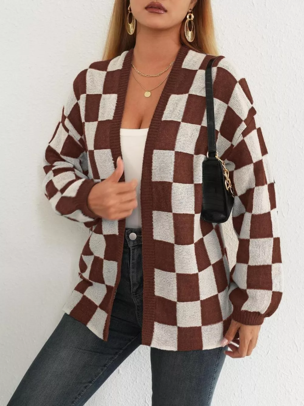 Checkerboard Pattern Open Front Knit Cardigan, image 7