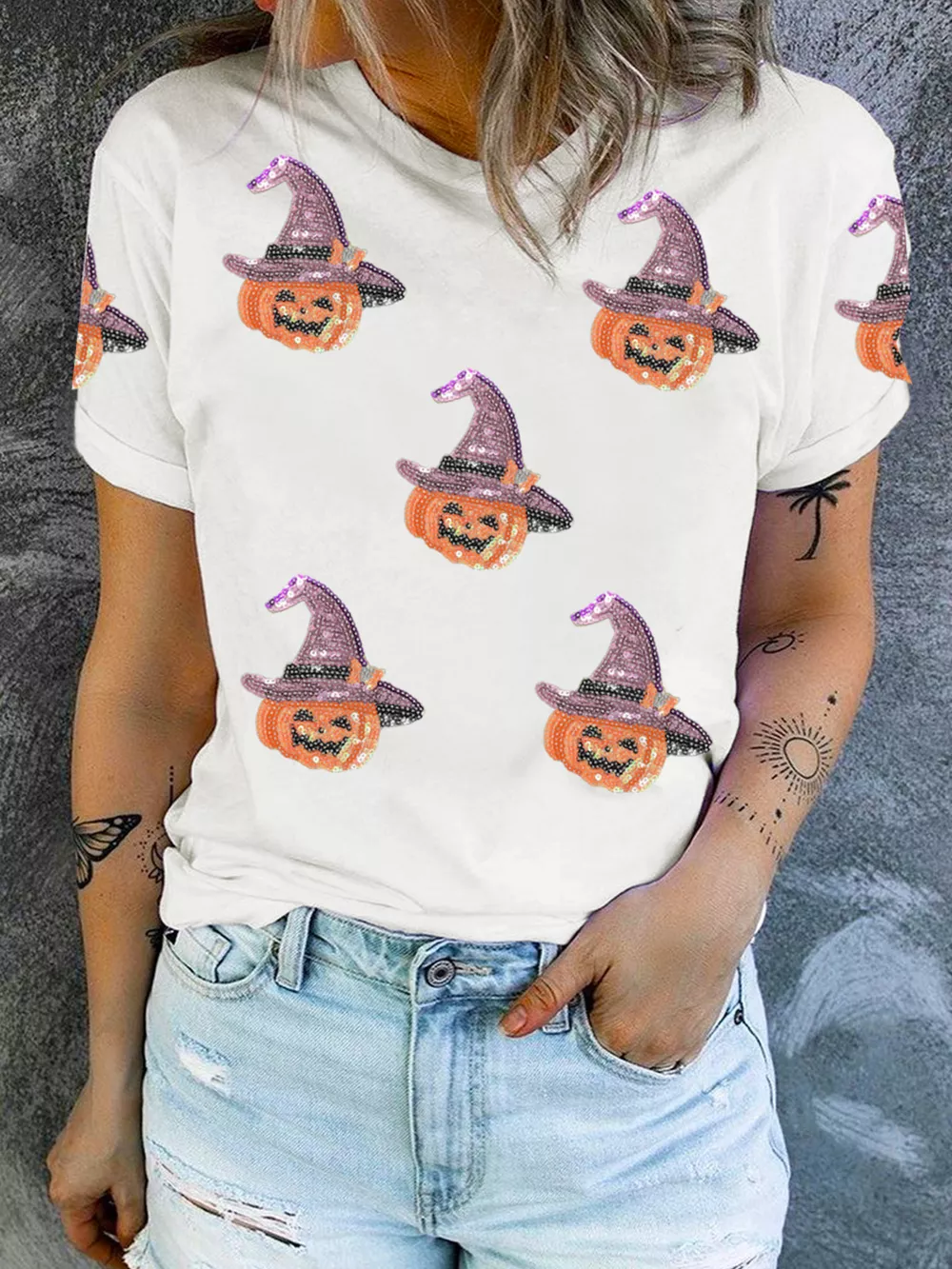 Sequin Pumpkin Witch Halloween Tee, image 4