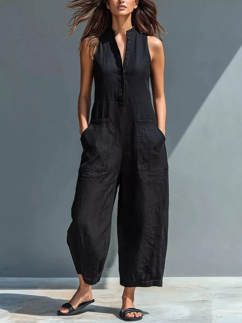 Full Size Button Front Sleeveless Jumpsuit Plus Size