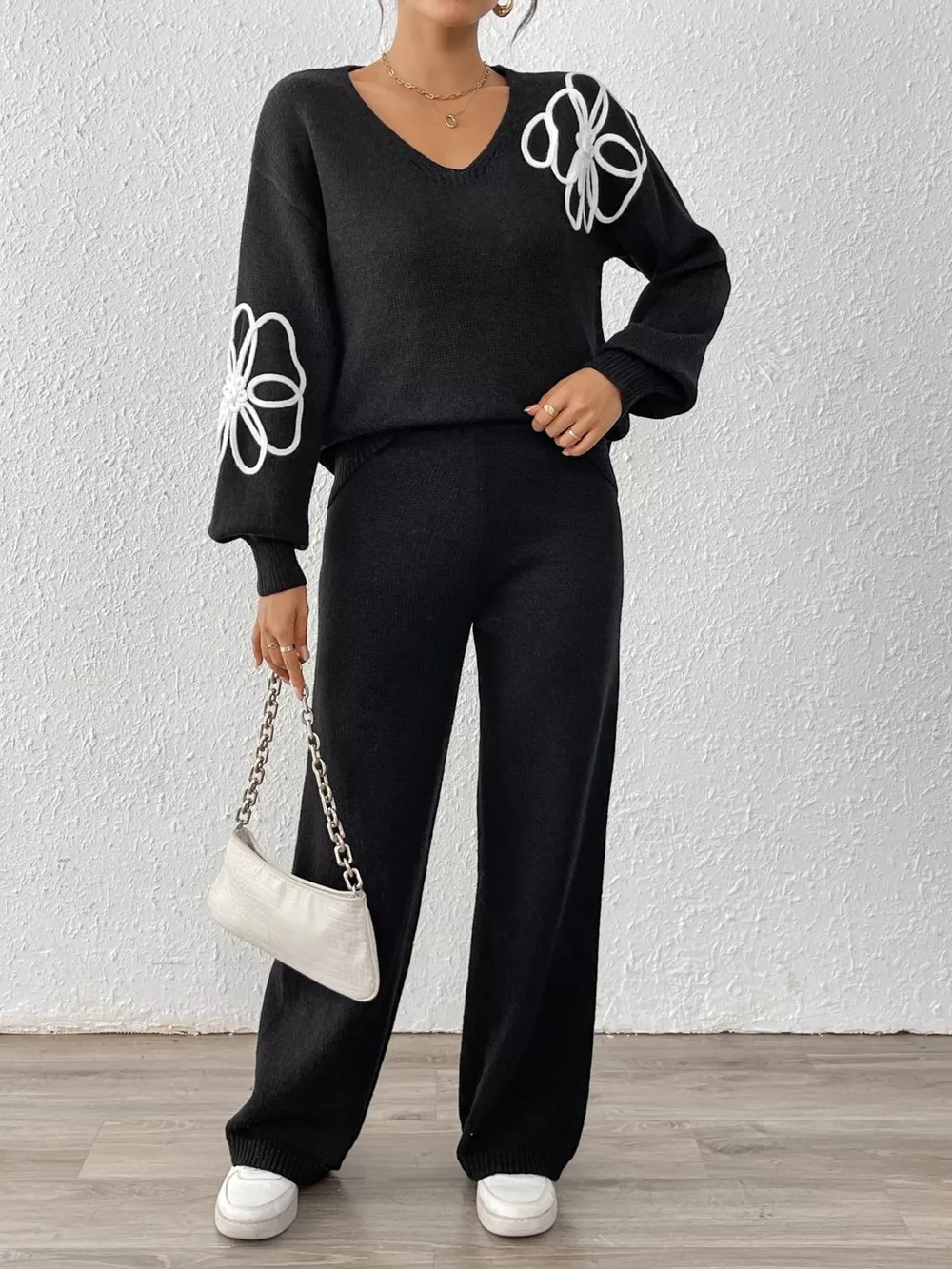 V-Neck Dropped Shoulder Top and Pants Sweater Set, image 4