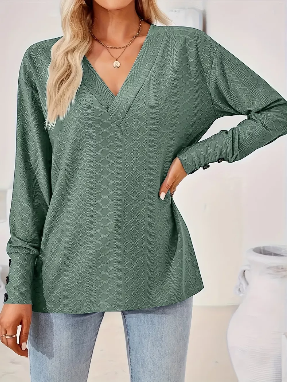 Plus Size V-Neck Textured Long Sleeve T-Shirt, image 15