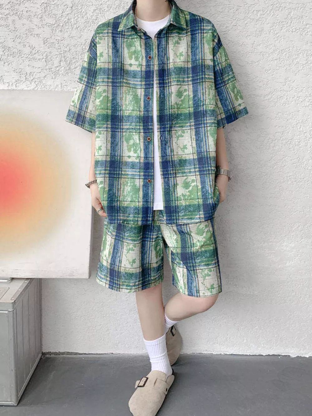 Men's Plus Size Casual Plaid Print Shirt & Shorts Set, image 9