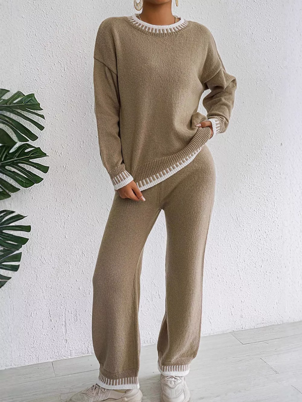 Contrast Trim Crew Neck Sweater and Pants Set, image 2
