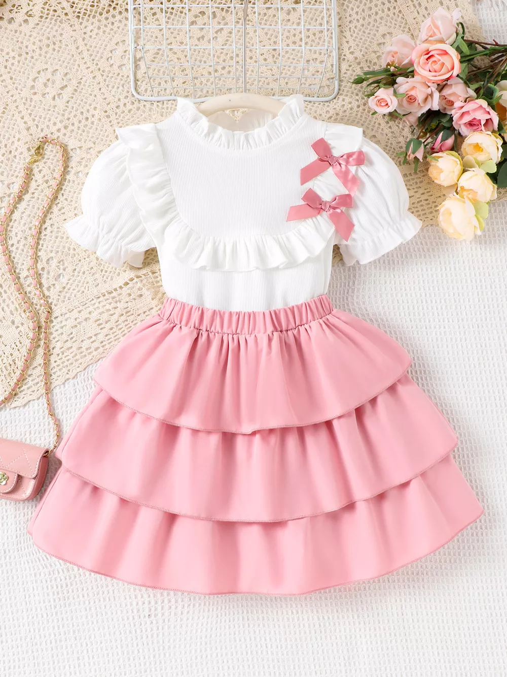 Children's Ruffle Trim Bow Decor Top & Layered Skirt Set