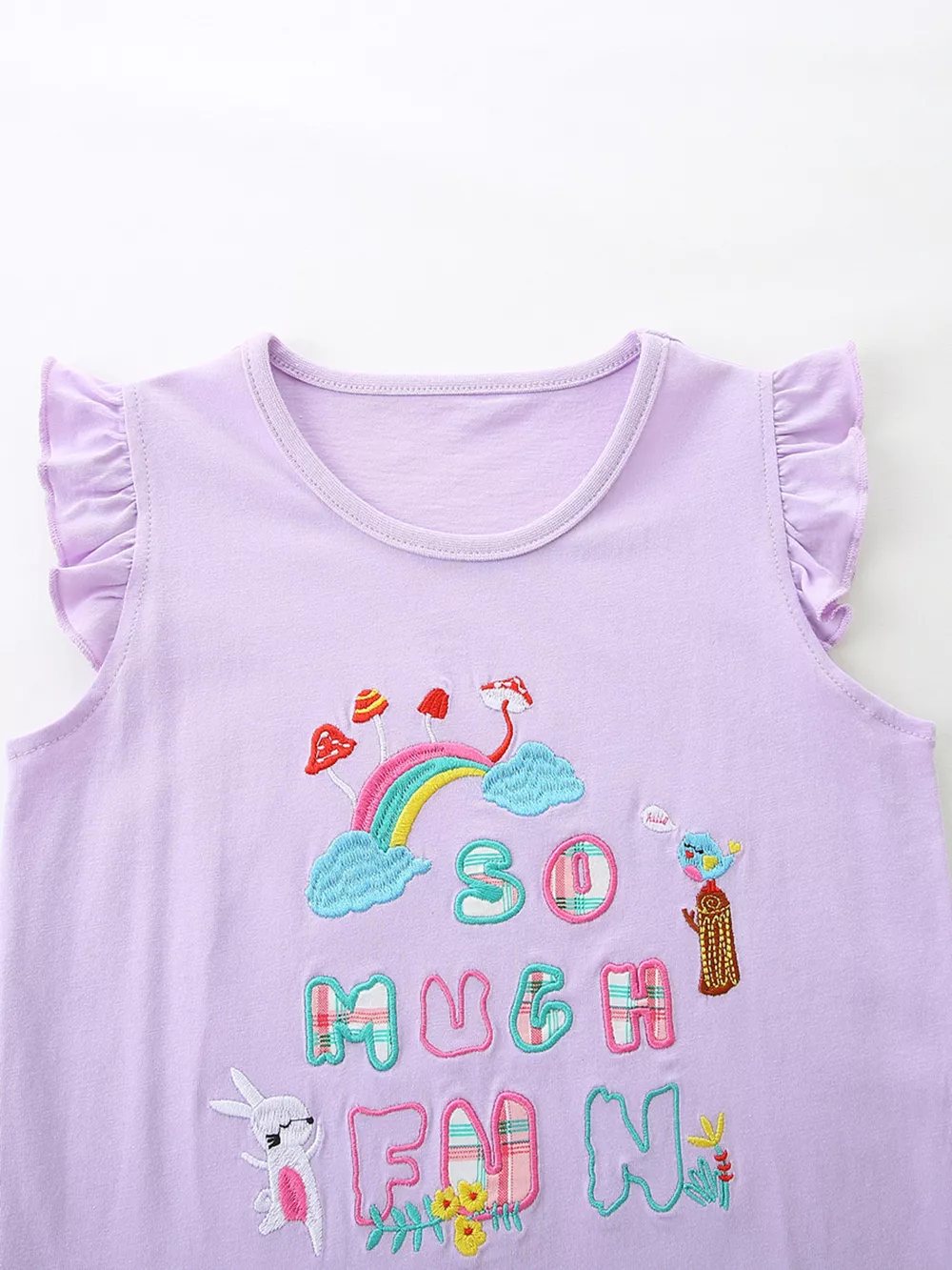 Children's Cartoon Graphic Ruffle Trim Tee & Plaid Shorts Set, image 3
